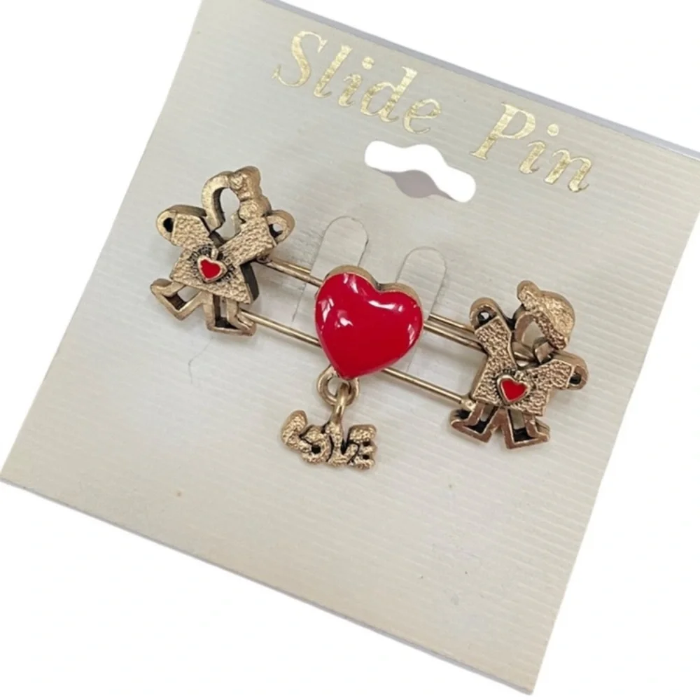 Heart Love Brooch Whimsical Figural Fun Slide Pin Colorful Retro Red Gold Cutout